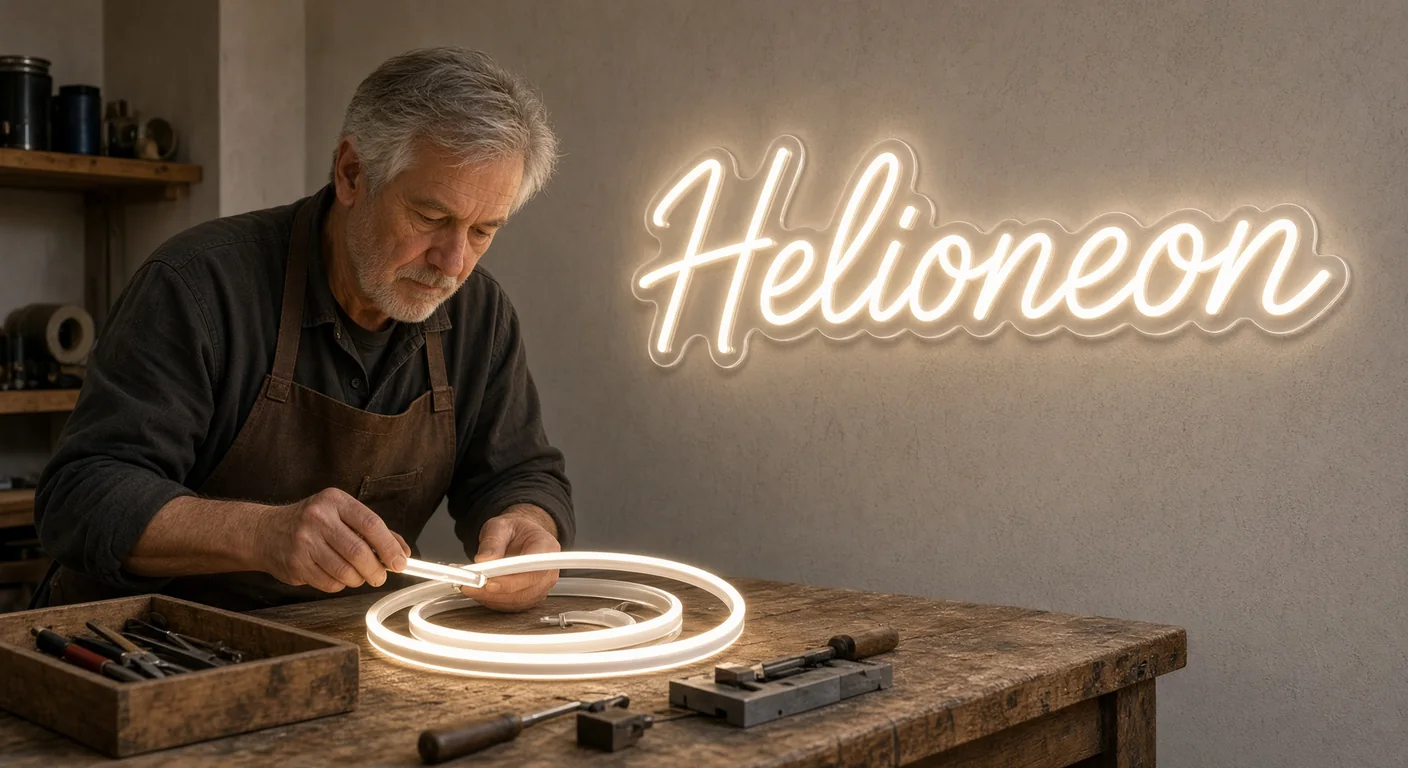 Grijsharige vakman werkt aan warmwit Helioneon LED-neon in siliconen op werkbank onder brandend wandbord