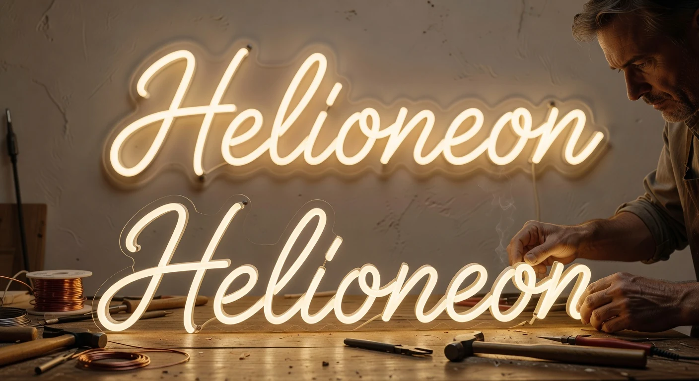 Neon op maat met cursieve naam boven sofa in lichte salon