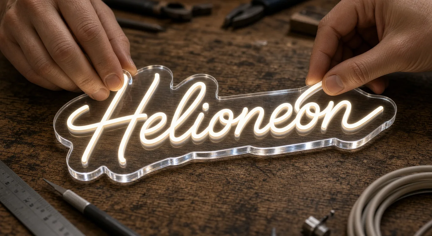 Vakman montert met handen warmwit Helioneon LED-neon van siliconen op acrylplaat op houten werkbank