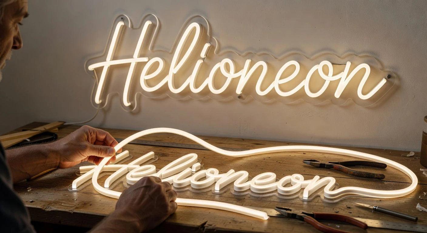 Neon op maat met cursieve naam boven sofa in lichte salon