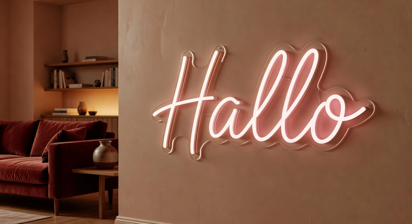 Neonbord op maat in moderne woonkamer met warme roze glow
