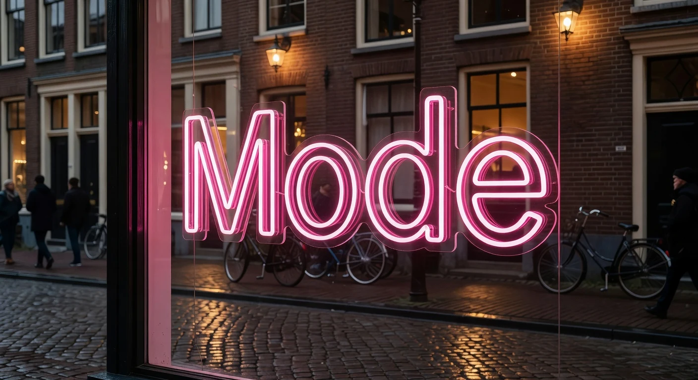 Roze neonbord in Amsterdamse boetiek-etalage bij schemering