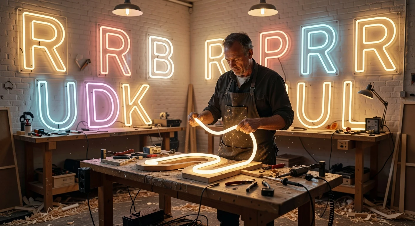 Ambachtsman in Rotterdamse werkplaats vormt een neonbord
