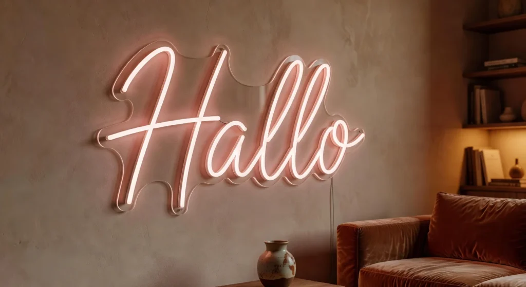 Neonbord op maat in moderne woonkamer met warme roze glow
