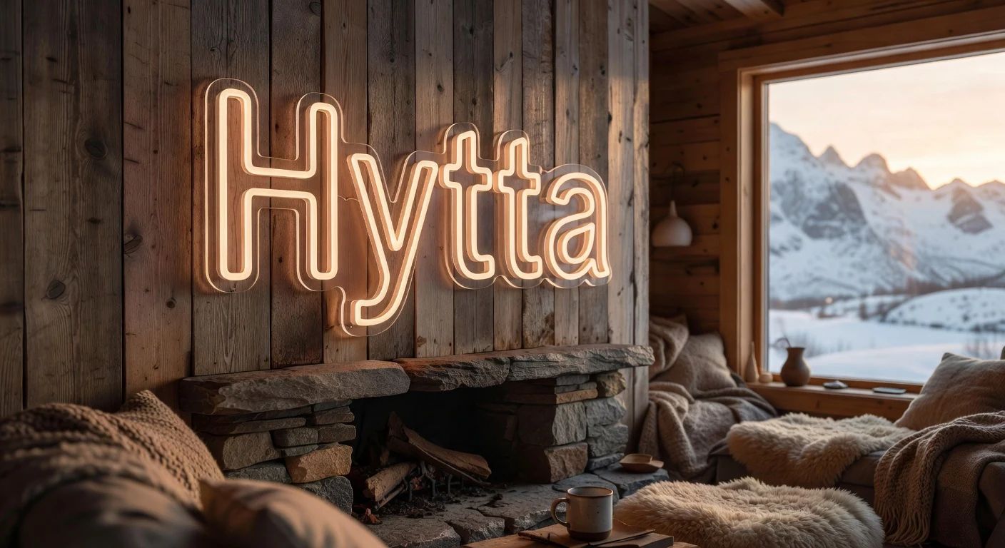 Neonskilt på trevegg i moderne norsk hytte i Lofoten