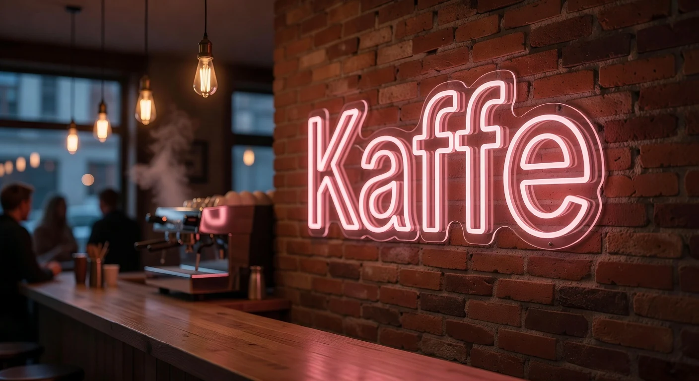 Rosa neonskilt på murvegg i kafé på Grünerløkka i Oslo