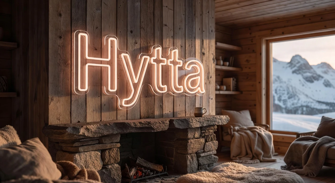 Neonskilt på trevegg i moderne norsk hytte i Lofoten