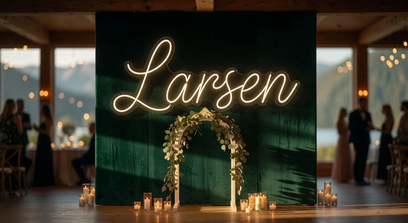 Neonskilt navn Marit og Lars over festbord på bryllup