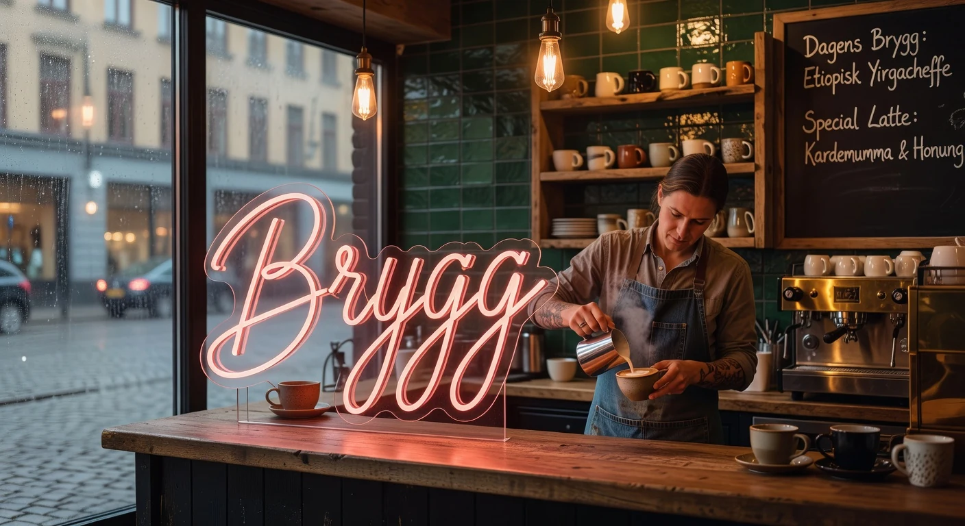 Rosa neonskylt på tegelvägg i kafé i Stockholm Söder