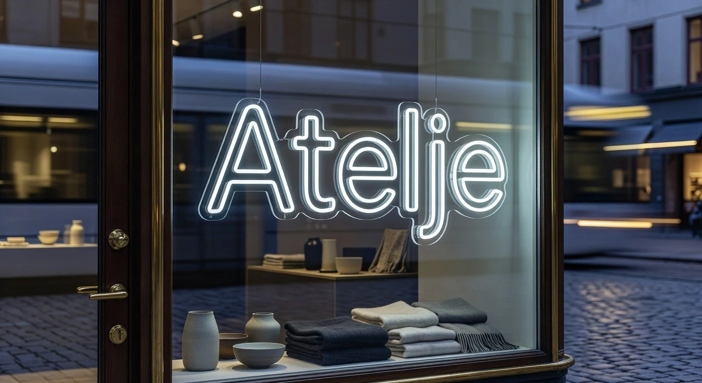 Hantverkare formar en neonskylt på arbetsbänk i verkstad