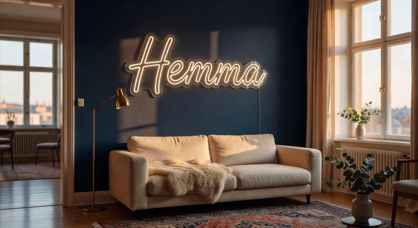 Neonskylt på trävägg i en mysig stuga vid kvällsljus