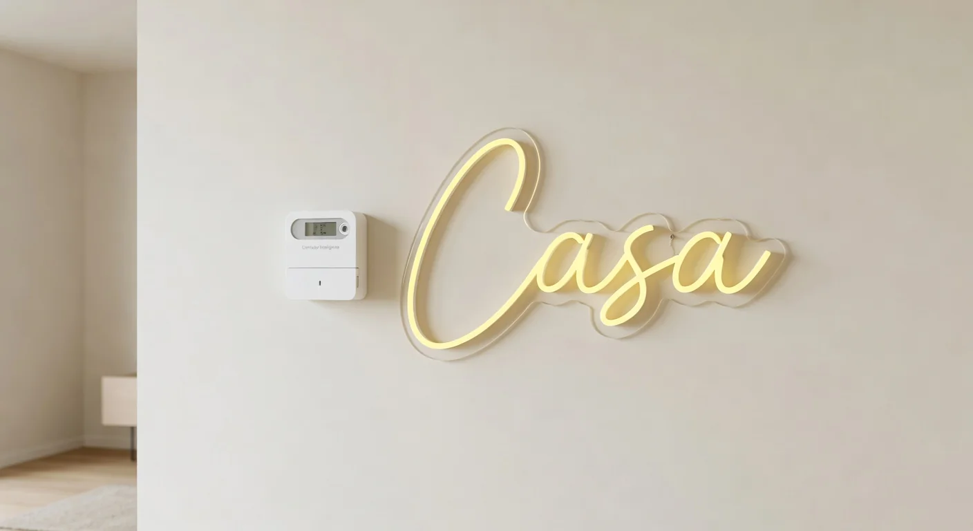 Contador eléctrico português e néon LED Casa ilustrando o consumo