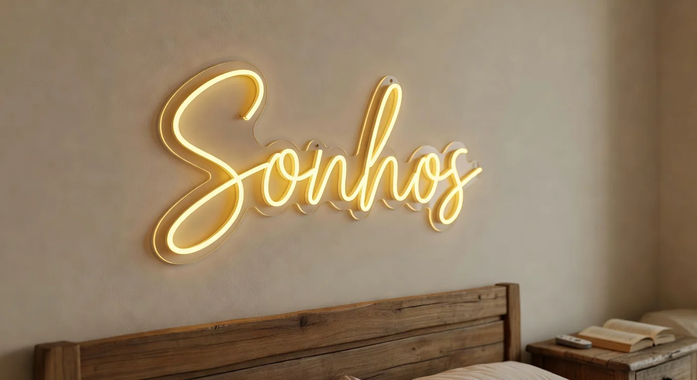 Néon LED Sonhos com dimmer num quarto português