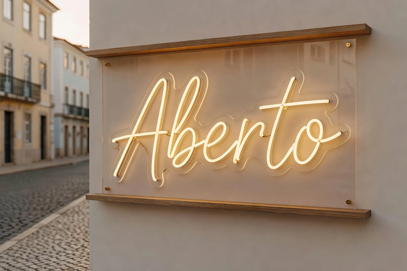Néon LED Aberto numa montra de cafetaria no Porto