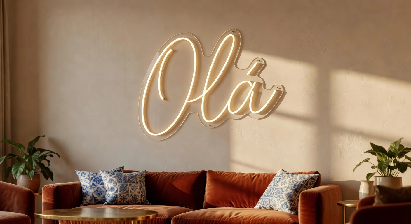 Néon LED Olá numa sala lisboeta à hora dourada