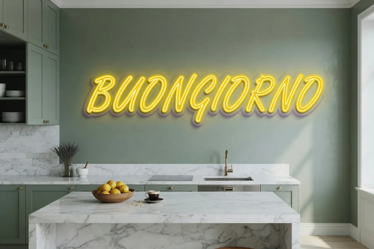 Scritta neon personalizzata buongiorno in cucina moderna a Roma