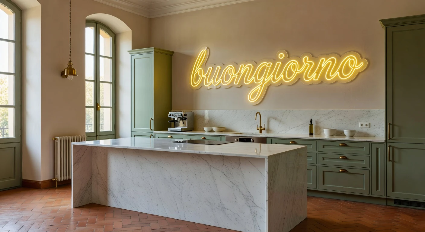 Scritta neon personalizzata buongiorno in cucina moderna a Roma