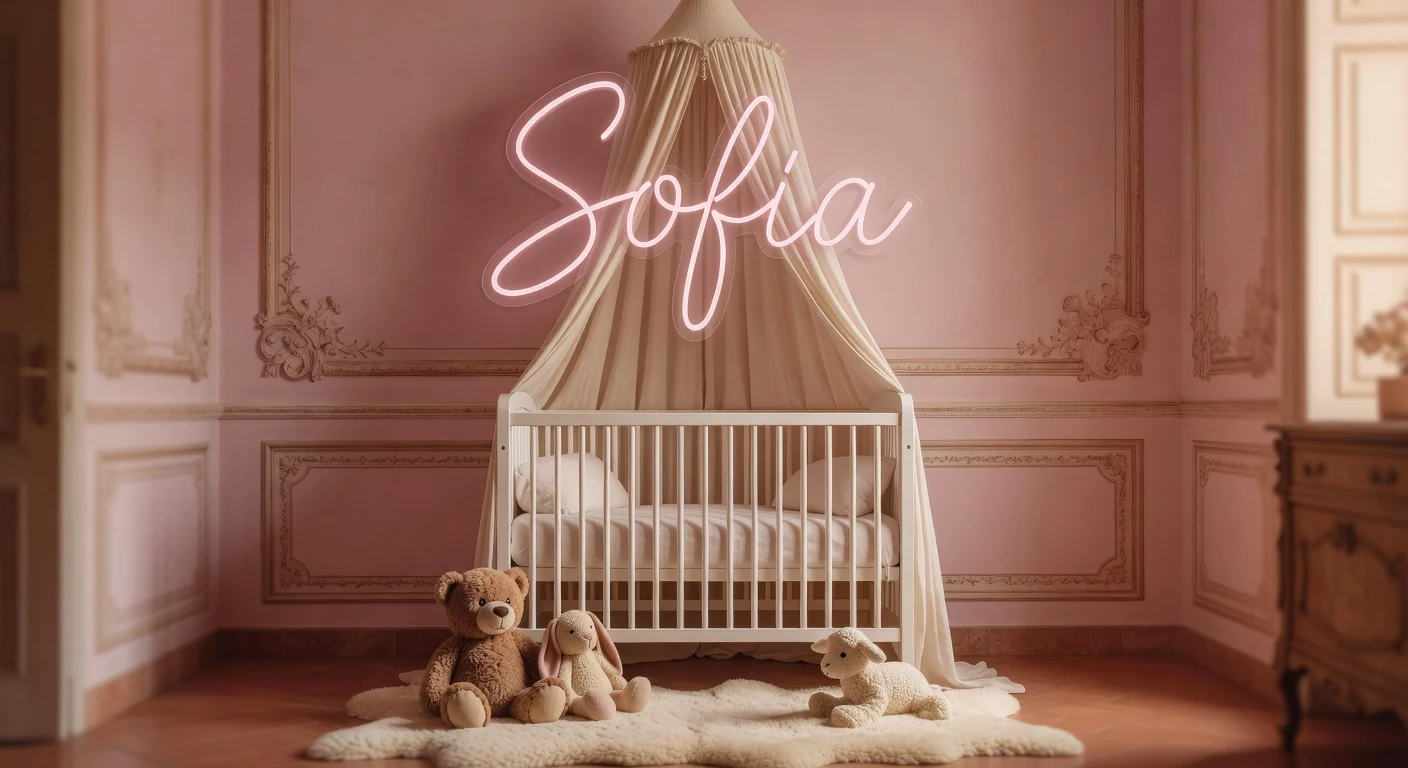 Scritta neon personalizzata Sofia rosa in cameretta bambina a Firenze