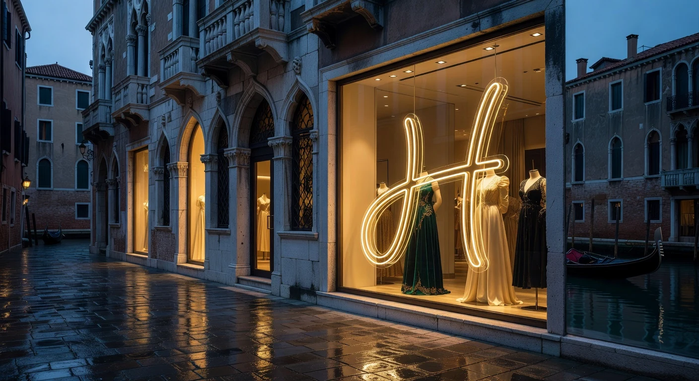 Scritta neon personalizzata dorata in vetrina di boutique a Venezia