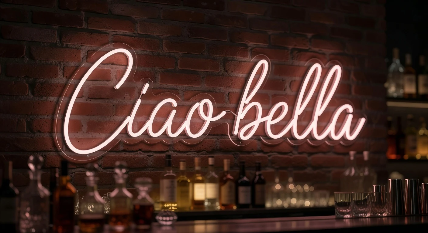 Scritte neon rosa Ciao bella su muro in mattoni in locale milanese