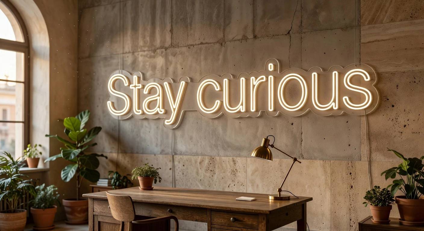 Scritte neon bianche Stay curious in ufficio creativo a Roma