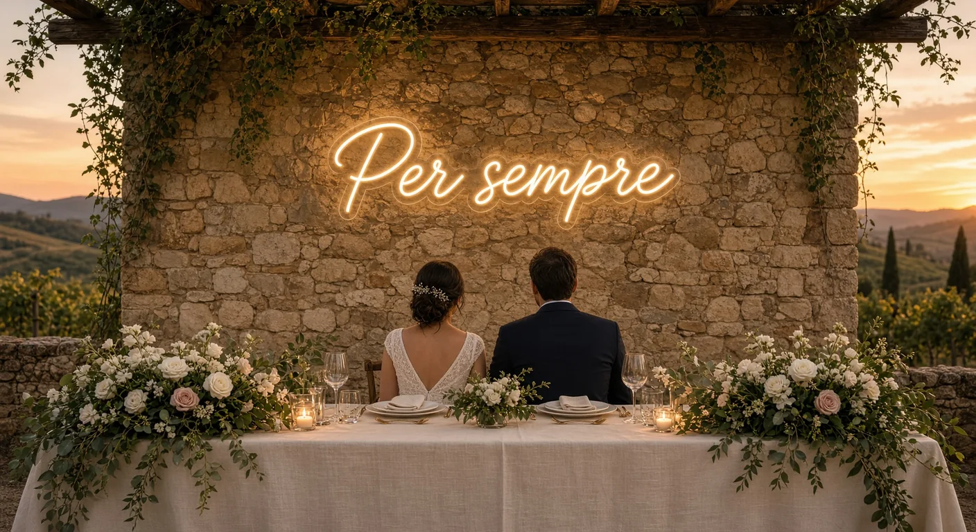 Scritte neon Per sempre su parete di matrimonio in Toscana