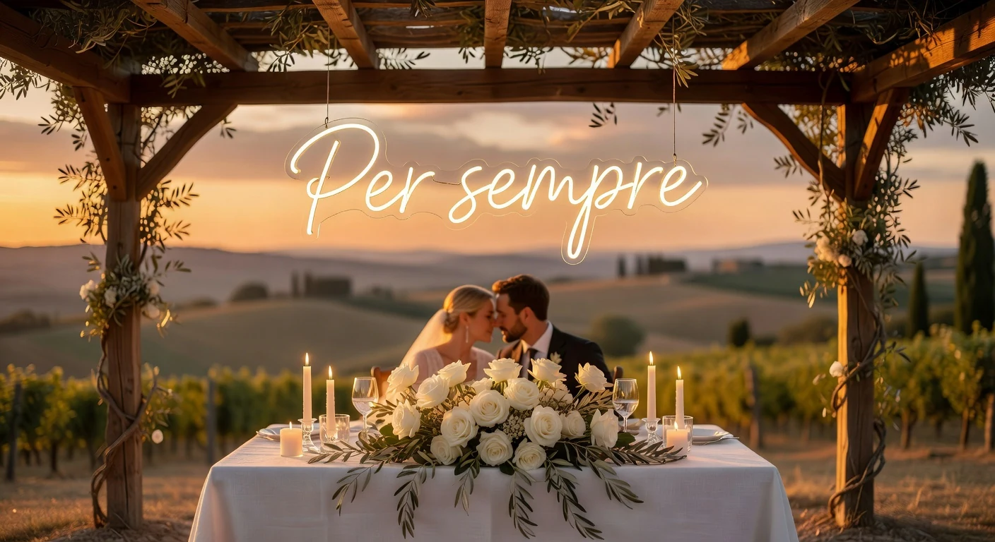 Scritte neon Per sempre su parete di matrimonio in Toscana