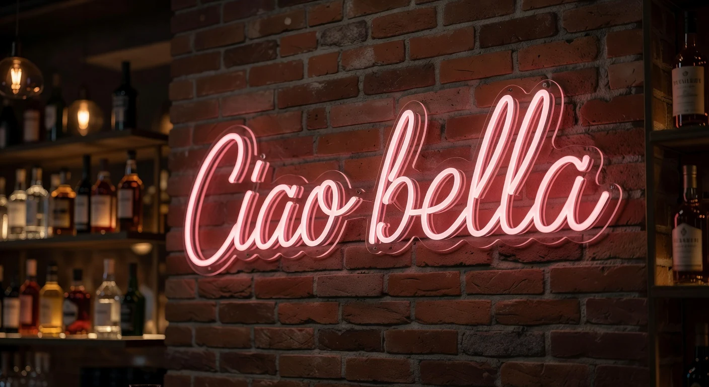 Scritte neon rosa Ciao bella su muro in mattoni in locale milanese