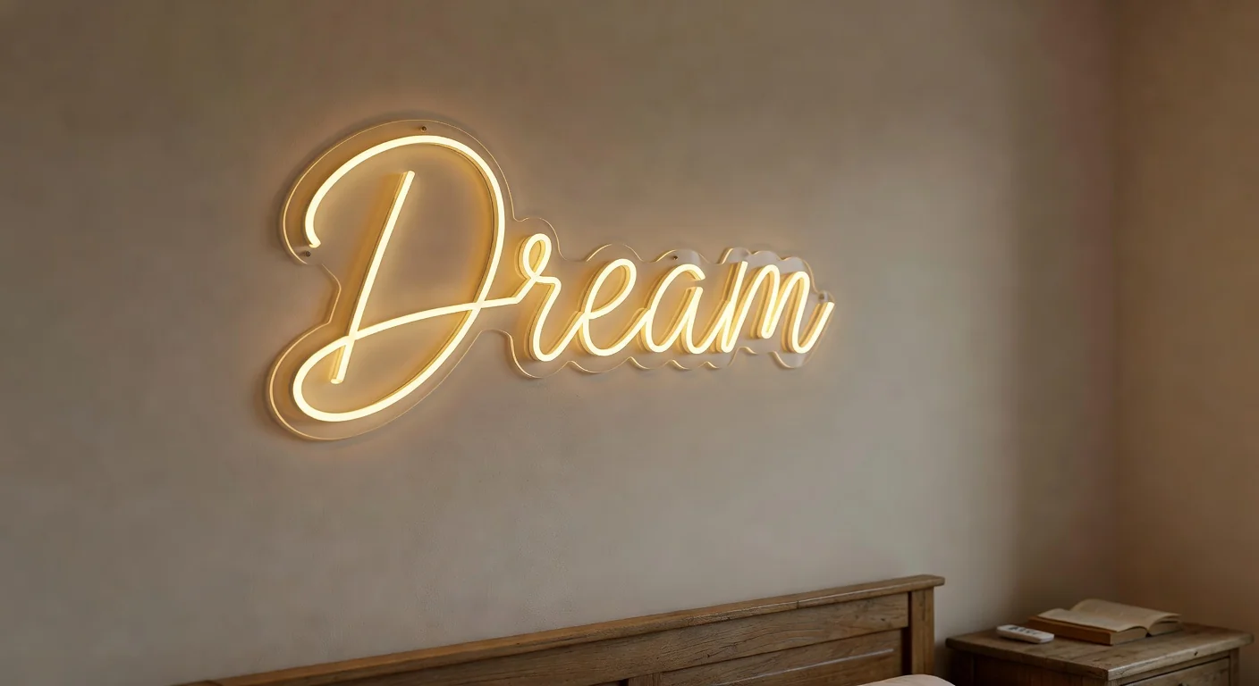 LED neon sign Dream with dimmer in a British bedroom