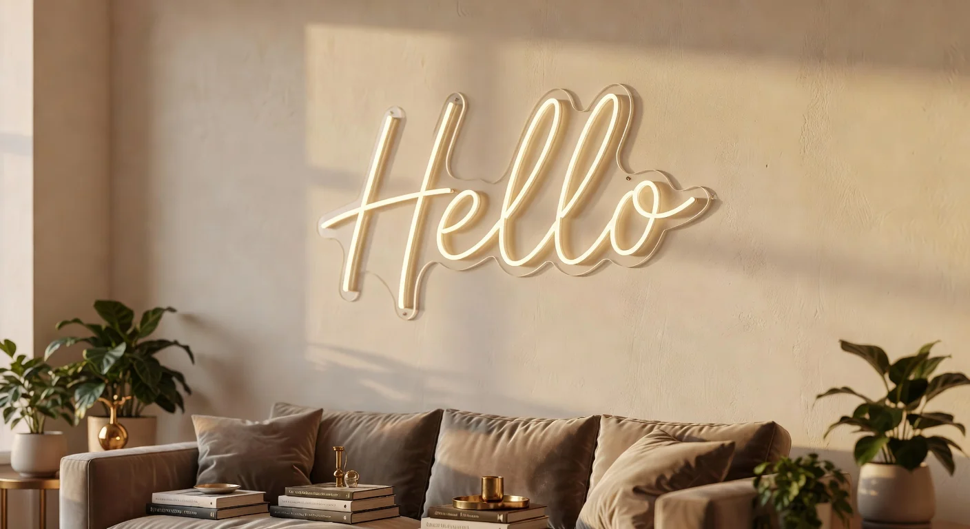 LED neon sign Hello in a London flat at golden hour