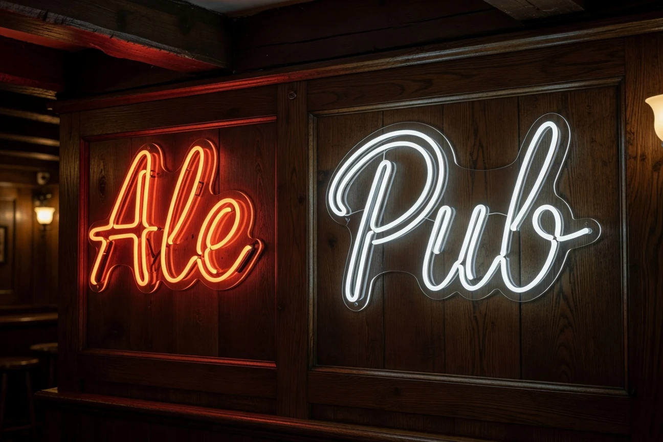 LED vs gas neon comparison in a vintage British pub