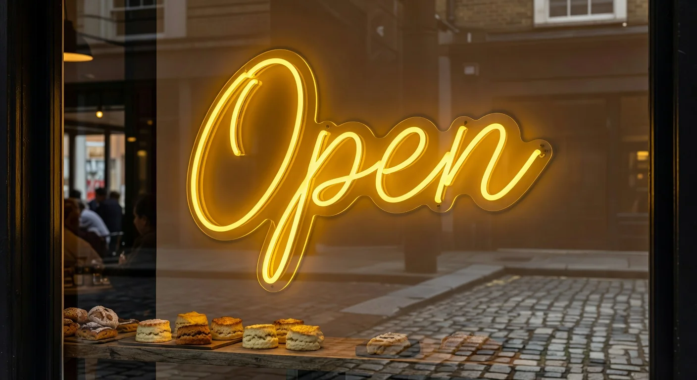 LED neon sign Open in a London cafe window