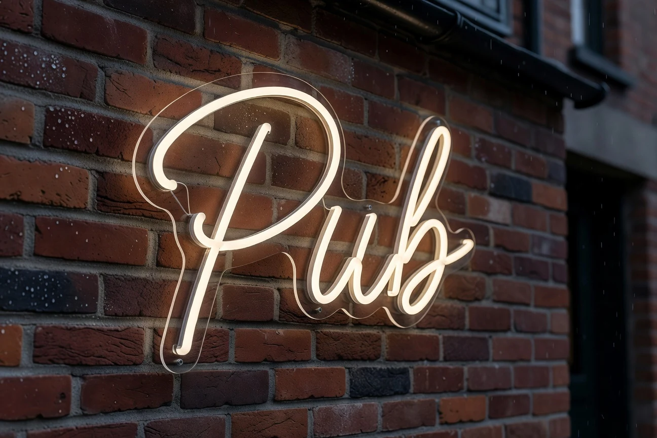 Outdoor LED neon sign Pub IP65 weather-resistant on a British pub