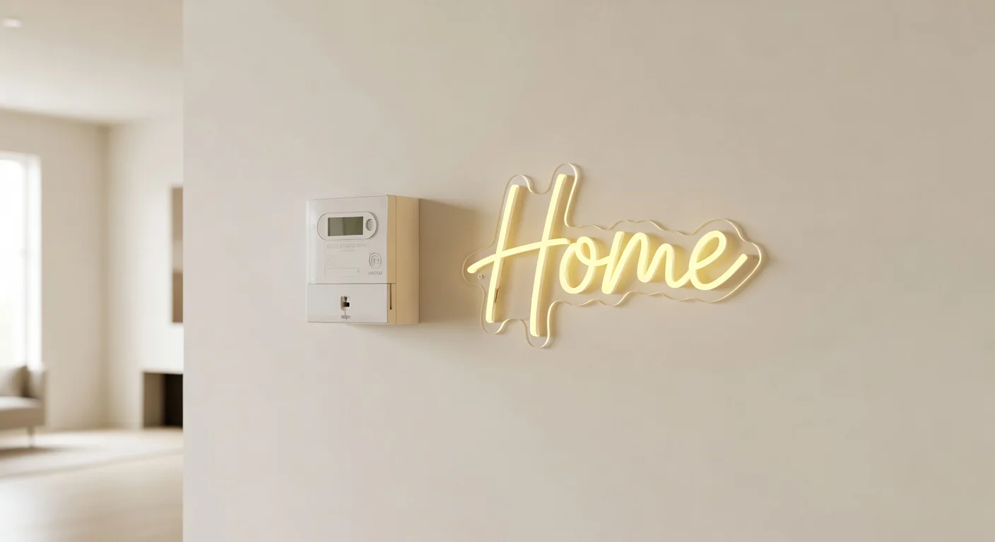 UK smart meter and LED neon sign Home illustrating consumption