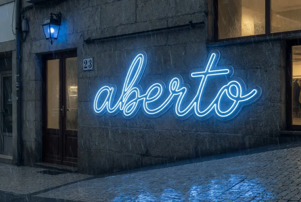 Letreiro neon LED de exterior com grau IP65 a brilhar à chuva numa fachada no Porto, demonstração da resistência à água segundo a norma IEC 60529