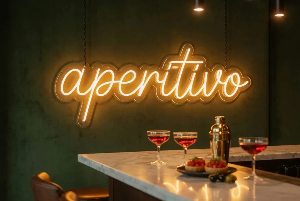Scritta neon Aperitivo sospesa con catenelle decorative nere in un bar milanese, metodo alternativo al fissaggio a vite