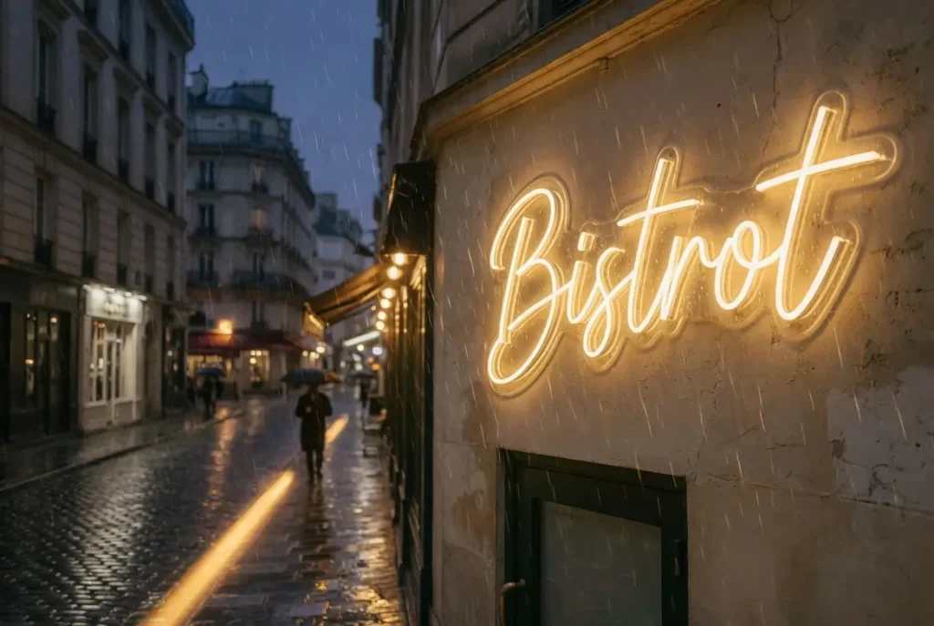 Néon LED extérieur IP65 blanc chaud Bistrot installé sur façade parisienne sous la pluie, étanchéité testée