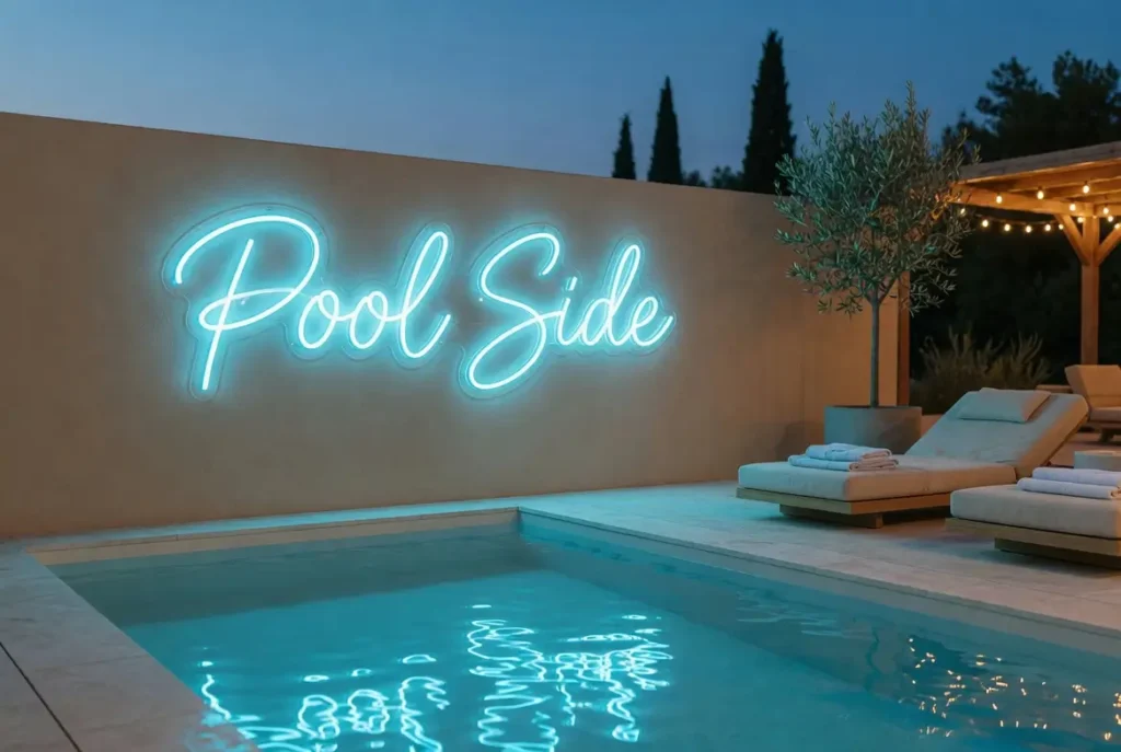 Néon LED bord de piscine IP65 bleu glacier Pool Side sur mur pool house au crépuscule, résistant chlore et humidité
