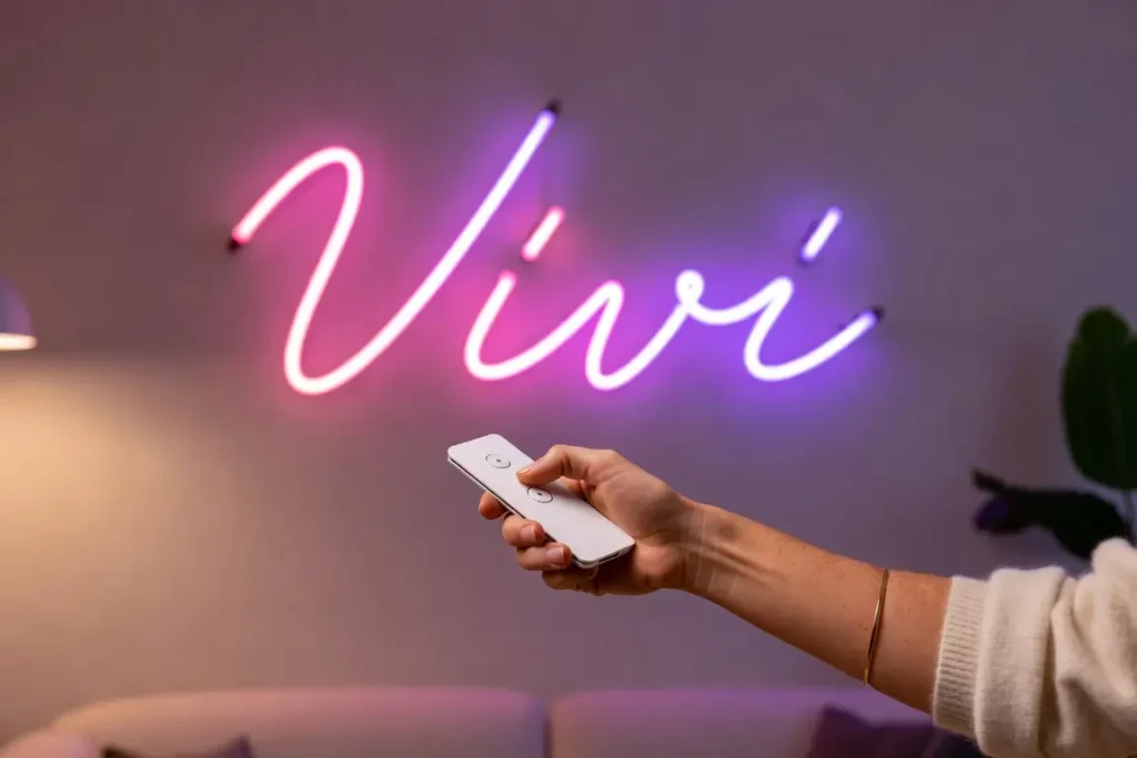Telecomando wireless che regola il colore di un neon LED Helioneon a parete in un loft milanese, dimostrazione delle funzioni RGB dimmer del neon moderno