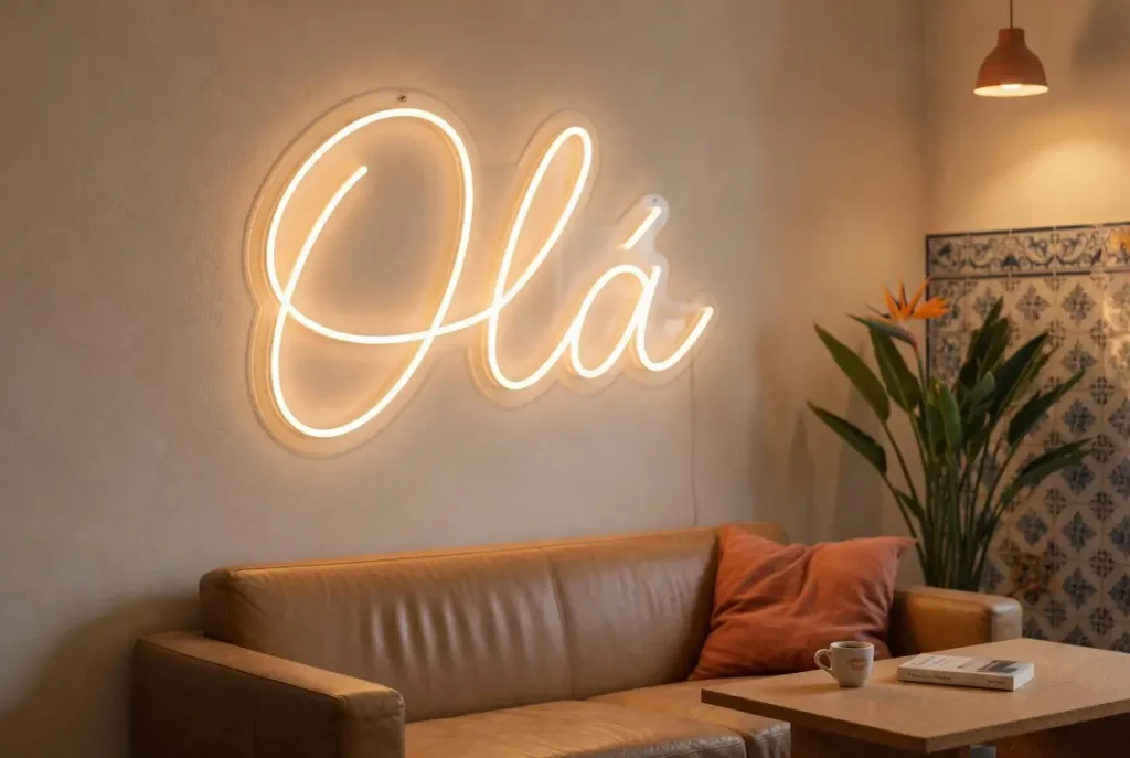 Letreiro neon LED de interior com a palavra Olá numa sala de estar em Porto, exemplo de instalação doméstica Helioneon em ambiente seco
