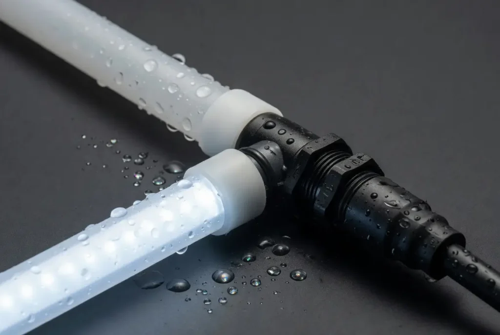 Tube silicone néon LED 6mm avec connecteur IP65 étanche presse-étoupe et embout scellé laser sous spray d'eau
