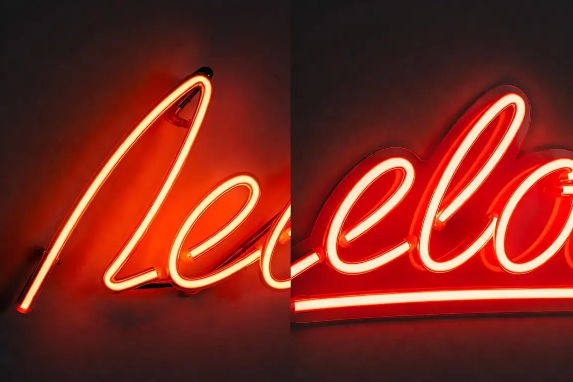 Confronto diretto tra neon a gas tradizionale in vetro e neon LED moderno in silicone Helioneon, entrambi accesi su parete neutra