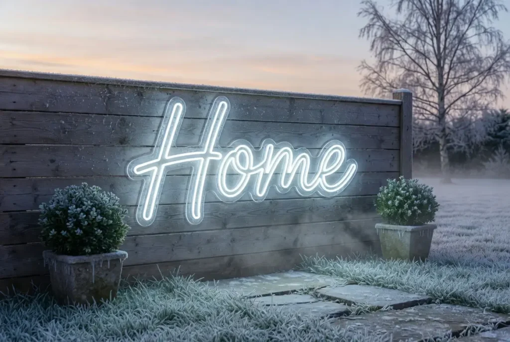 Néon LED jardin blanc froid Home posé sur clôture bois sous givre hivernal, silicone flexible jusqu'à -25 °C

