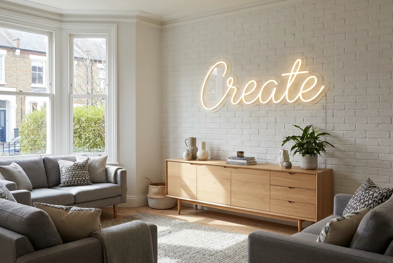 Warm white Create LED neon sign on a white brick living room wall