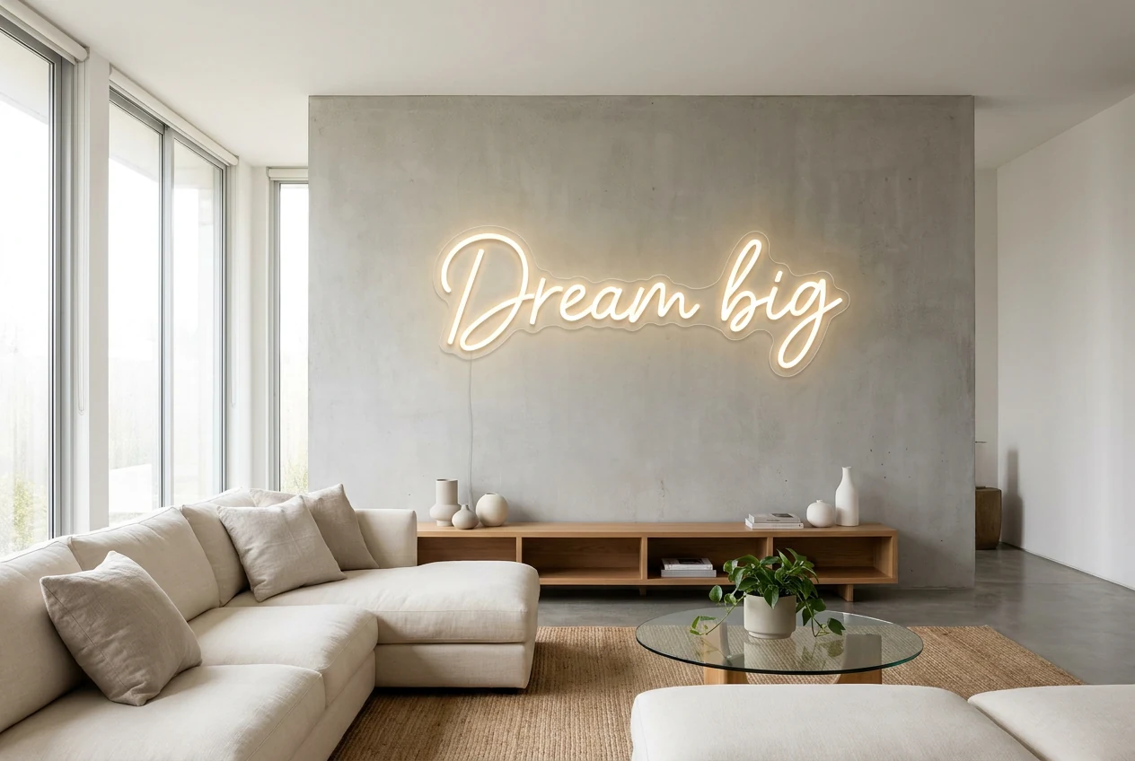 Dream big LED neon sign on a large living room feature wall