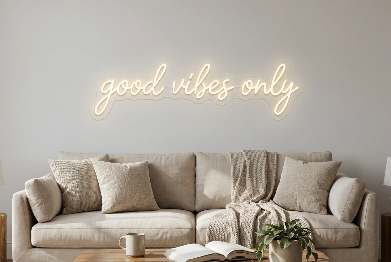 Good vibes only LED neon sign above a linen sofa