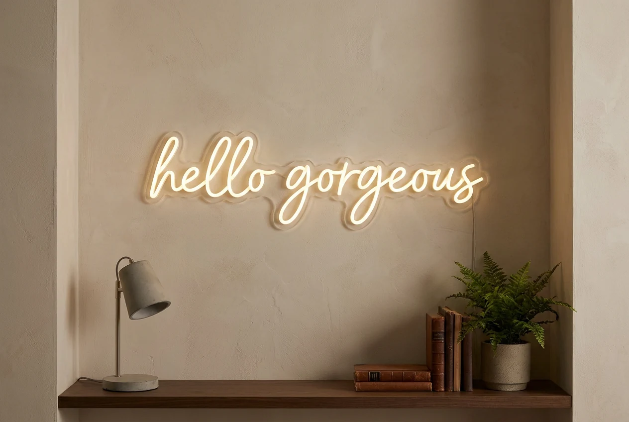 Cursive hello gorgeous LED neon sign showing neon typography
