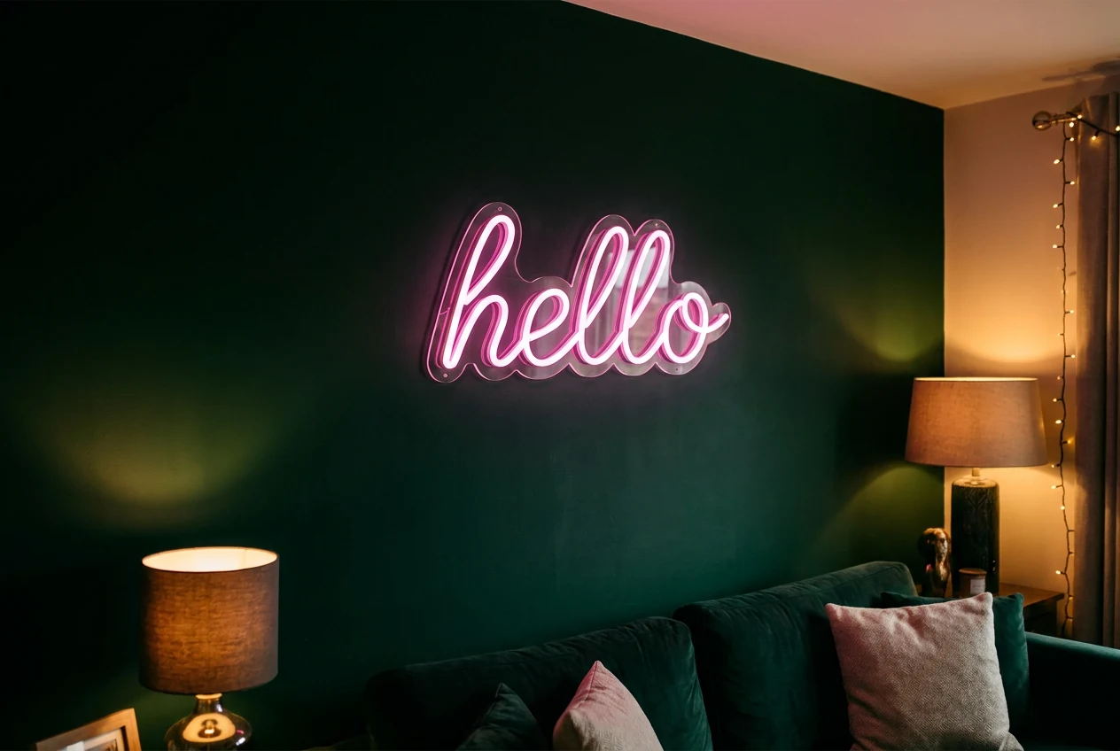 Pink hello LED neon sign on a deep green accent wall