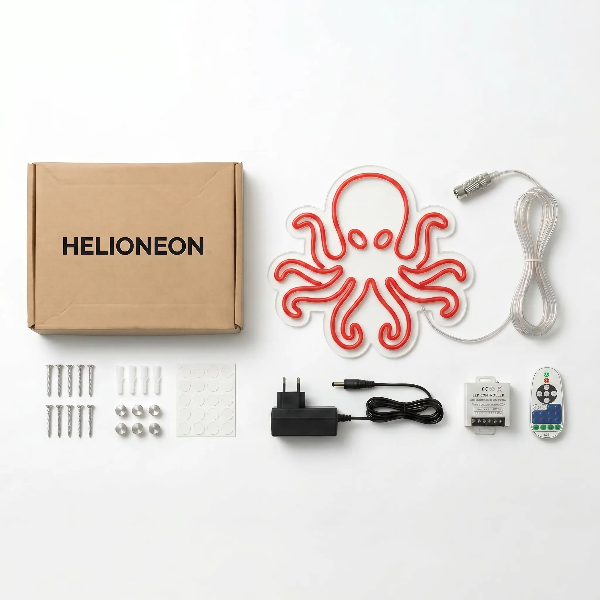 Contenu du colis HELIONEON — néon LED, transformateur, télécommande, kit de fixation et pastilles adhésives