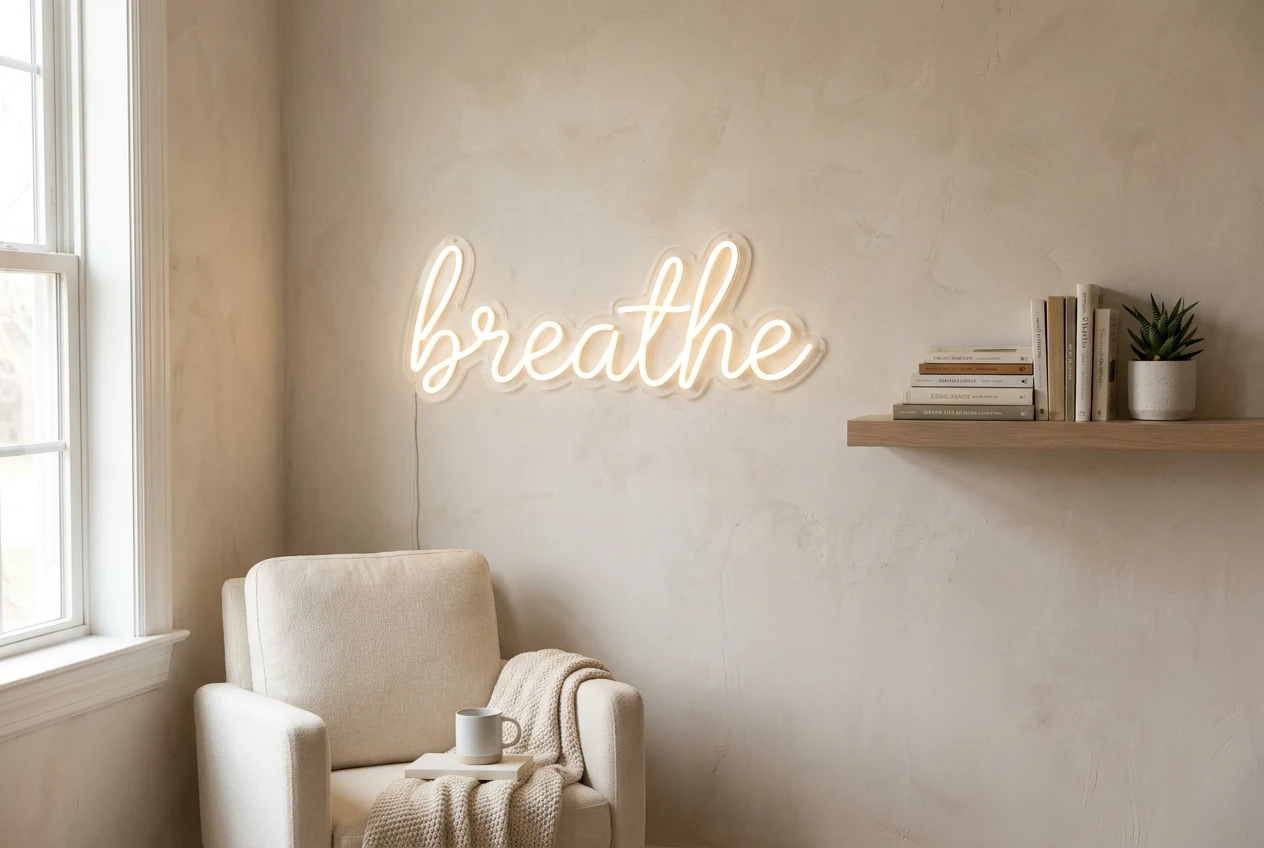 White breathe LED neon sign in a cozy bedroom reading nook